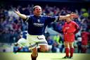 Paul Gascoigne celebrates after giving Rangers a 2-1 lead to put the home side on course to claim 8-in-a-row.