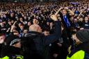 Philippe Clement celebrates the Viaplay Cup triumph with supporters at Hampden