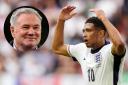 England player Jude Bellingham shows his frustration during Euro 2024 in Germany, main picture, and Republic of Ireland great Ray Houghton, inset