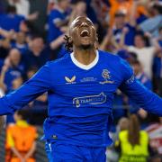 Joe Aribo celebrates scoring in the Europa League final