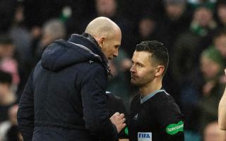 Philippe Clement in discussion with referee Nick Walsh