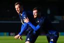 Scotland striker Lawrence Shankland, left, with captain Andy Robertson in training at Lesser Hampden today