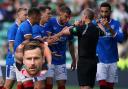 Rangers players surround Willie Collum at Easter Road on Saturday after John Lundstram had been sent off and, inset, Hibernian captain David Marshall