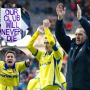 Kilmanrock manager Kenny Shiels and his players celebrate their win over Rangers at Ibrox in 2012 and, inset top, Rangers fans show their support for their club and, inset bottom, Lee Johnson