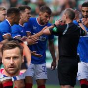 Rangers players surround Willie Collum at Easter Road on Saturday after John Lundstram had been sent off and, inset, Hibernian captain David Marshall