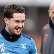 Rangers winger Scott Wright shares a laugh with Ibrox manager Philippe Clement in training at Auchenhowie