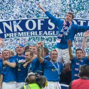 The Rangers squad celebrate their Scottish title triumph at Easter Road on Helicopter Sunday in 2005