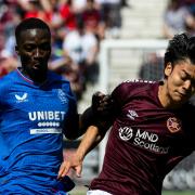 Mohamed Diomande and Yutaro Oda compete for the ball at Tynecastle