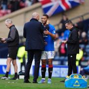 Rangers manager Philippe Clement speaks with Cyriel Dessers