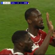 Abdallah Sima celebrates putting Brest in front