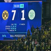 The 7-1 scoreline is shown on a big screen during the UEFA Champions League match at Signal Iduna Park, Dortmund.