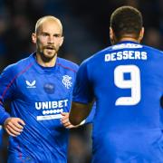 Cerny and Dessers celebrate a Rangers goal