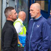 BIRMINGHAM, ENGLAND - JULY 24: Rangers manager Phlllipe Clement with former Rangers and Birmingham player Barry Ferguson during a Trevor Francis Memorial match between Birmingham City and Rangers at St Andrew's Stadium, on July 24, 2024, in Birmingham,