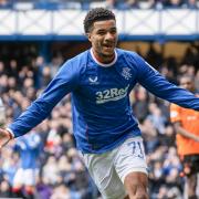 Rangers' Malik Tillman celebrates after scoring against Dundee United in April 2023