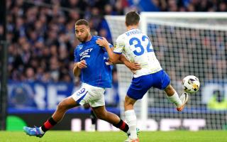 Rangers' Cyriel Dessers and Dynamo Kyiv's Taras Mykhavko battle for the ball