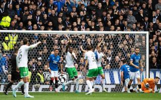 Hibs are awarded a penalty after Mykola Kukharevych's shot hits the arm of Rangers John Souttar