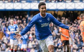 Rangers' Malik Tillman celebrates after scoring against Dundee United in April 2023