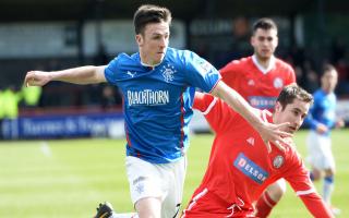 23/03/14 SCOTTISH LEAGUE ONEBRECHIN CITY v RANGERSGLEBE PARK - BRECHINCalum Gallagher launches an attack for Rangers.